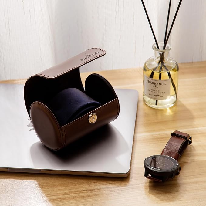 Tie Box for Men 's PU Ties case Necktie Organize Cylinder Leather Men’s Storage Portable Tie Roll for Travel Business Gifts (Dark Brown)