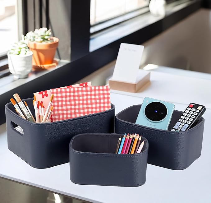 HofferRuffer Faux Leather Storage Baskets Bins with Velvet Lining for Organizing, Storage, Gifts, Set of 3 Nesting Shelf Baskets Decorative Storage Boxes for Home Organization (Blue)