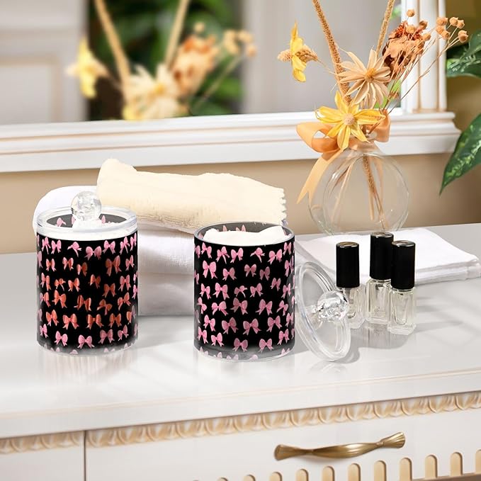 ALAZA 4pcs Funny Bow Black Qtip Holder Dispenser 14 oz Bathroom Storage Clear Apothecary Jars Containers Cotton Ball,Cotton Rounds,Floss Picks, Hair Clips, Food