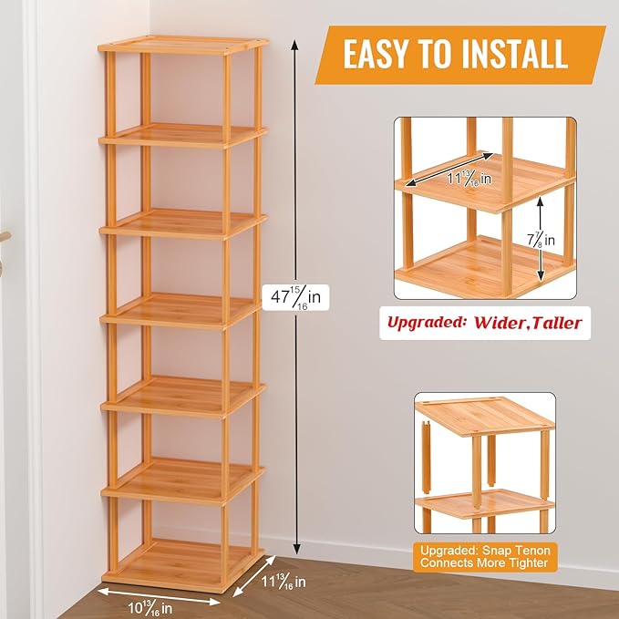 MHXW SXPN Bamboo Free Standing Shoe Rack Shelf Multi Tier Tall Wooden Stackable Shoes Rack Organizer for Closet Front Door Entrance Narrow Vertical Shoe Storage (Nature, 7 Tiers)