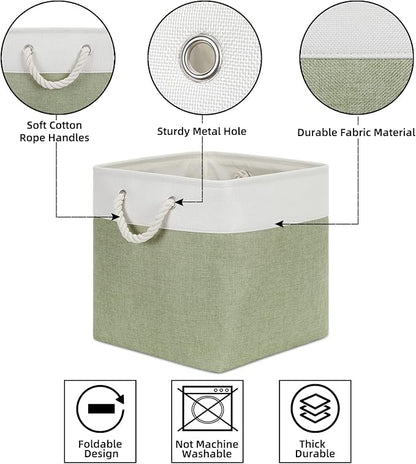 Bidtakay Cubby Storage Bins Set of 3 Fabric Baskets for Shelves Closet Drawer Organizer Storage Cubes 13x13 Collapsible Organization Baskets for Nursery Toy Shelf (White&green)