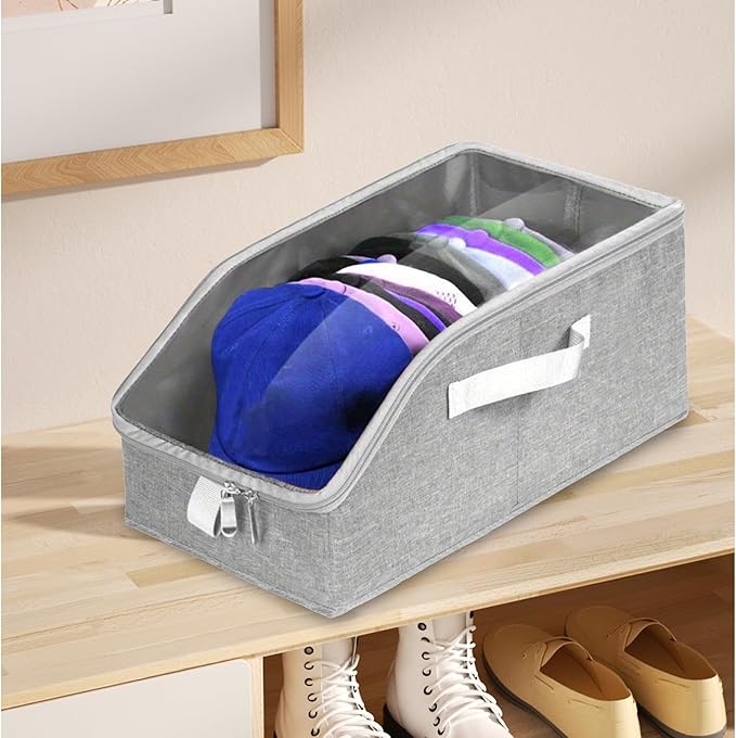 2 Pack Stackable Hat Organizer for Baseball Caps, Fabric Hat Storage Boxes with Clear Flip-Top Windows, Handle & Sturdy Cardboard Base, Pull-out Closet Organizer for Women & Men, Hold Up to 24 Caps