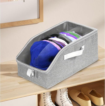 2 Pack Stackable Hat Organizer for Baseball Caps, Fabric Hat Storage Boxes with Clear Flip-Top Windows, Handle & Sturdy Cardboard Base, Pull-out Closet Organizer for Women & Men, Hold Up to 24 Caps