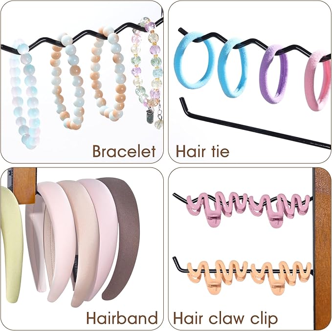 SNOWSTAR Claw Clip Organizer and Scrunchie Holder,6-Tier Iron Rod Hair Clip Holder Hanger for Women Girls,Metal&Wood Claw Clips Organizer Hanger Home Decor for Wall,Door,Closet