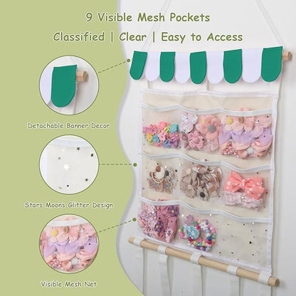New Upgraded Bow Holder Headband Organizer w/ 9 Mesh Pockets, Large Capacity Hair Bow Organizer for Girls, Wall Hair Accessory Organizer for Nursery Room Decor(32x15inch,Beige Green)
