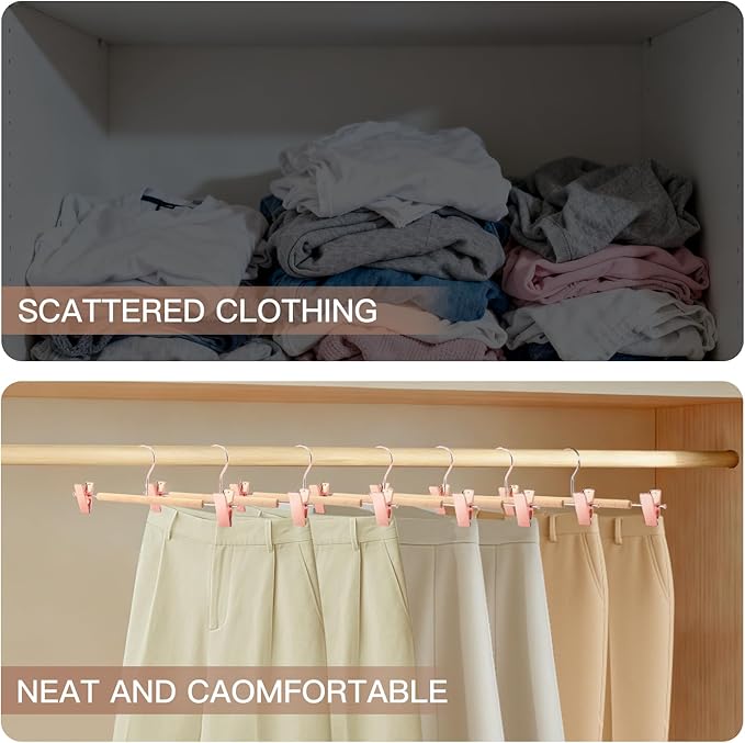 Wooden Pants Hangers with Clips 24 Pack, Heavy Duty Adjustable Clip Non Slip Skirt Hanger for Jeans, Trousers, Short, Clothes, Space Saving Closet Organizer (Rose Gold, 24 Pack)