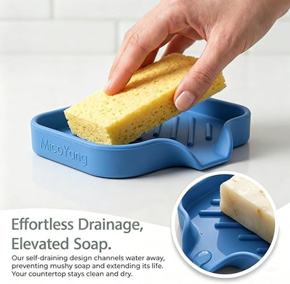 MicoYang Silicone Bathroom Soap Dishes with Drain Spout-Bathroom and Kitchen Sink Organizer,Sponge Holder,Dish Soap Tray,Perfect for Dispenser,Scrubber,Bottle,Cup on Counter Lichen Blue 4.9"×3.2"