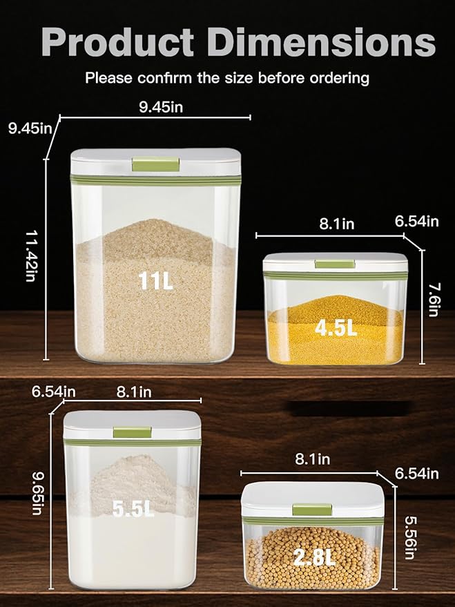 LivLab Mker Flour sugar storage containers with One-Press Lid | BPA-Free Clear PET Airtight food container with scoop| Stackable cereal Storage Organizer 8x6.5x5.5in 2.8L/6Lbs (green)