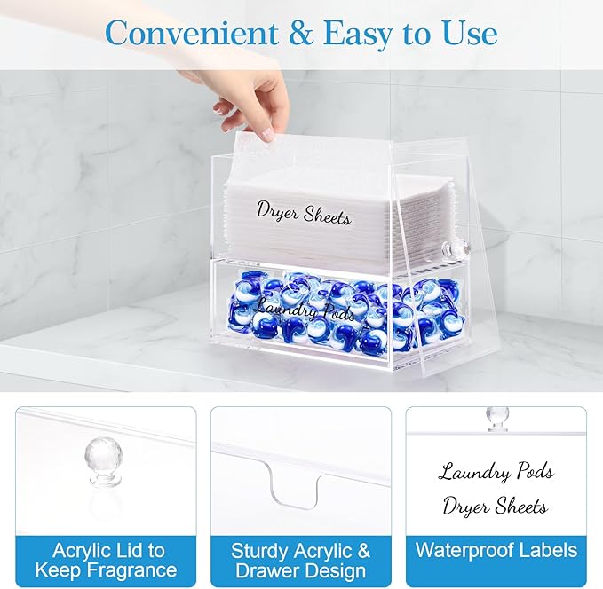 JYPS 1+1 Acrylic Dryer Sheet Holder with Drawer and Bamboo Lid, Clear Acrylic Large-Capacity Laundry Pods Container, Scent Boosters & Powder, Laundry Room Organization decor, Storage Jars Set