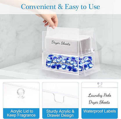JYPS 1+1 Acrylic Dryer Sheet Holder with Drawer and Bamboo Lid, Clear Acrylic Large-Capacity Laundry Pods Container, Scent Boosters & Powder, Laundry Room Organization decor, Storage Jars Set