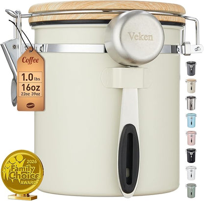 Veken Coffee Canister, Airtight Stainless Steel Kitchen Food Storage Container with Date Tracker and Scoop for Beans, Grounds, Tea, Flour, Cereal, Sugar, Cookie, 16OZ, Cream