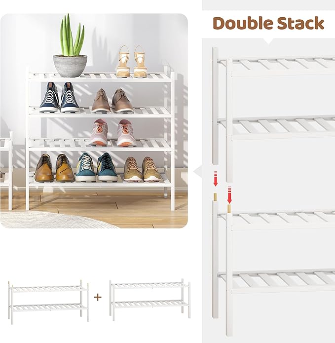 Bamboo Shoe Rack Stackable Shoe Shelf Storage Organizer for Unit Entryway Hallway and Closet Sturdy Freestanding Shoe Shelf(4 Tier White)