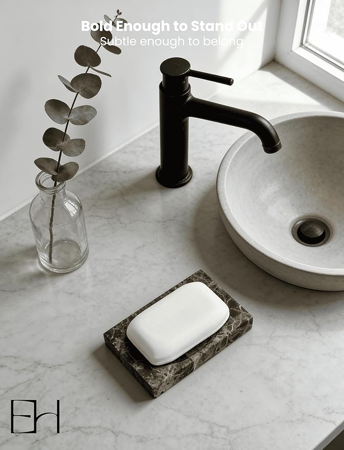 Marble Soap Dish for Shower - Stone Soap Tray Holder, Natural Soap Bar Holder Countertop Caddy, Marble Bathroom Accessories (Emperador Dark)