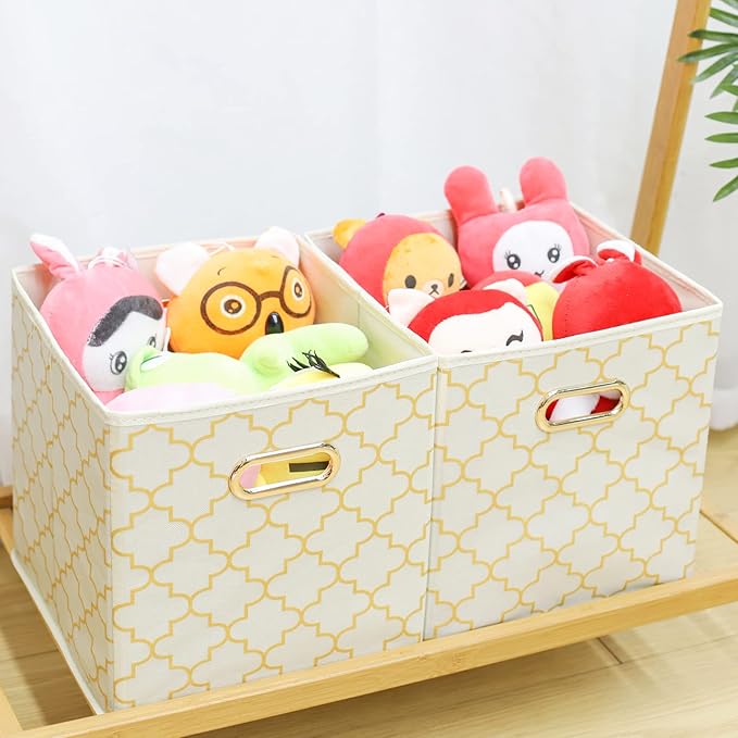 Fabric Cloth Storage Bins,Fabric Cube Organizer with Dual Handles Foldable Cube Storage Baskets for Home Bedroom Storage,Set of 3,(Creamy-White Gold)