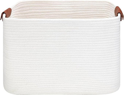 Large Cotton Rope Storage Basket with Leather Handles, Laundry Hamper Basket, 20 "L x 14" W x 12 "H, Durable & Stylish Organizer for Home.(Large White)