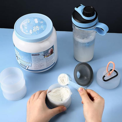 Baderke 2 Pcs Protein Powder Container with Funnels Stand, 4 Stackable Leakproof Protein Powder Dispenser, Portable Keychain Powder Container for Workout, Fitness, Travel(Gray, White)