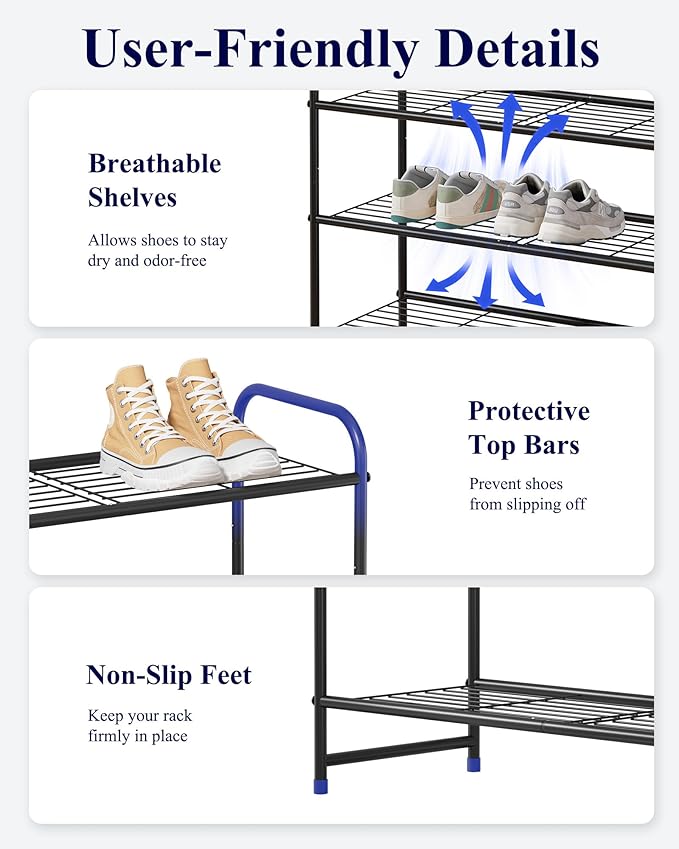 Kitsure Shoe Rack - Stainless Steel Shoe Organizer, Sturdy Shoe Rack for Closet and Front Door Entrance, Free Standing Shoe Shelf, Closet Organizers and Storage, 25.6" Wide - 3 Tier, Black