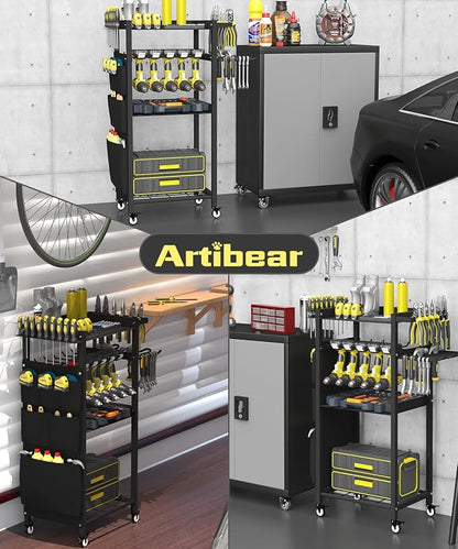 4-Tier Rolling Power Tool Organizer Storage Cart, Garage Organization on Wheels Tool Cart with Drill Set Rack Shelf, Mechanic Utility Cart for Workbench & Outdoors Working, Gift for Men Dad