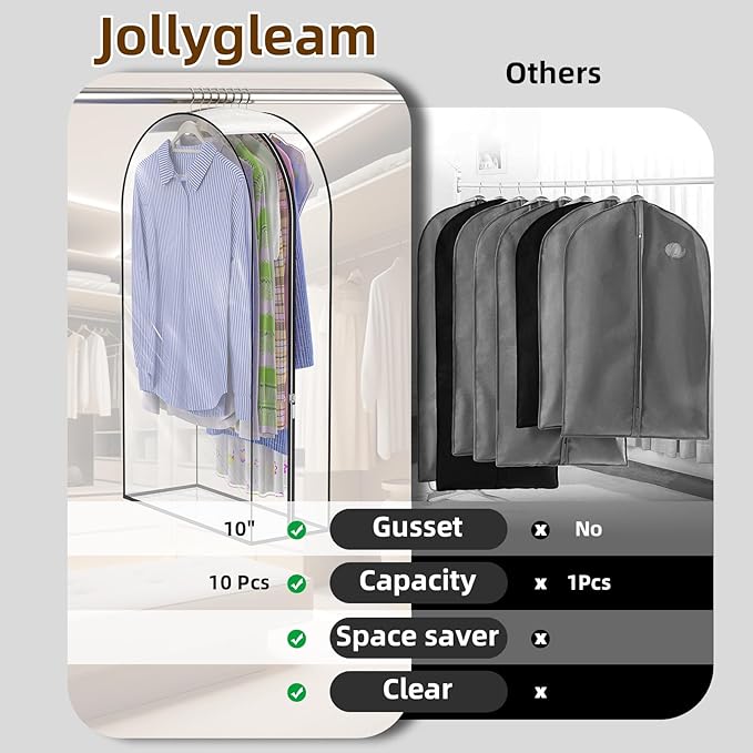 Upgraded Thickened Clear Garment Bags for Hanging Clothes 4 Packs, 10“ Gusseted Clothes Hanging Storage Bags for Closet, Shirts, Coats, Dresses (60 inch)
