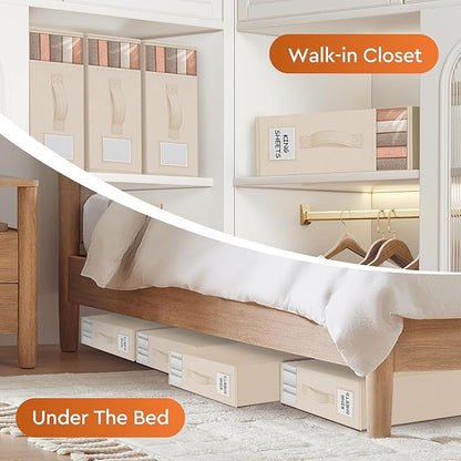 StorageTastic 6 Pack Bed Sheet Closet Organizers and Storage,Sturdy Foldable Storage Containers with Window and Label,Storage and Organization for Bedding Sheets,Duvet Covers,Blankets (Beige)