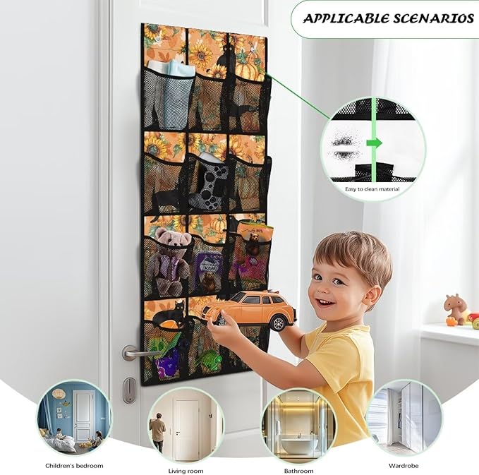 Pumpkin Sunflower Over The Door Closet Organizer for Thanksgiving Home Decor,Large Capacity Behind Door Organizer Multi-Funtion Storage Bag,Space Saving Wall Hanging Storage with 12 Pockets