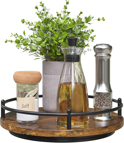 Lazy Susan Organizer：9 Inch Rotating Spice Rack for Kitchen Countertop Round Wooden Turntable Holder for Cabinet, Dining Table, Cupboard Storage – Black