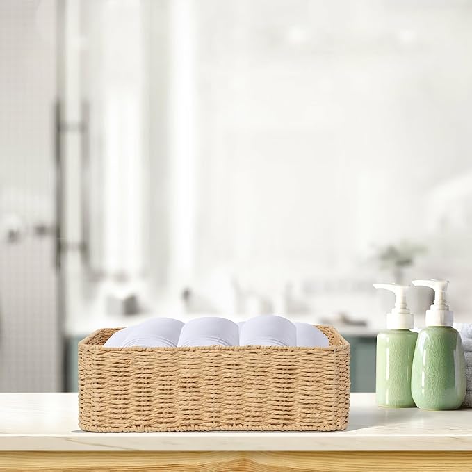 Drawer basket Handwoven Paper Rope Rectangular Shallow Basket Storage-15.35X12.01X4.72 Inches (Light brown)