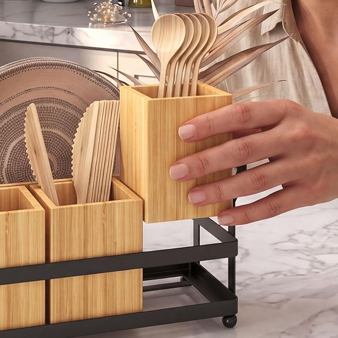 Silverware Caddy Wood Utensil Organizer Holder For Spoons Forks Plates Napkins Silverware Utensil Caddy Cutlery Flatware Box for Paper Plate Dispenser
