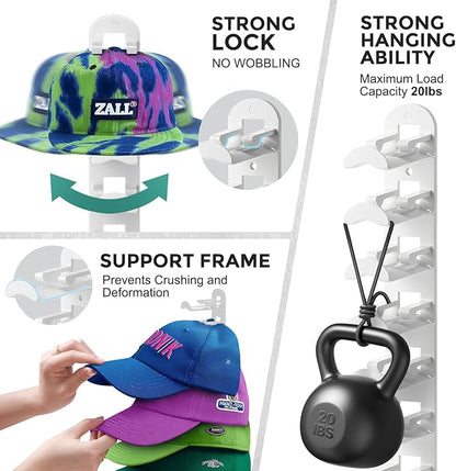 Hat Hook for Wall, 2 Pack Hat Organizer Hold up to 20 Hats,Hat Holder with Strong Adhesive and 8 Pack Screws, Cap Holder Hat Hangers for Wall Closet Door and Bedroom(B-white)