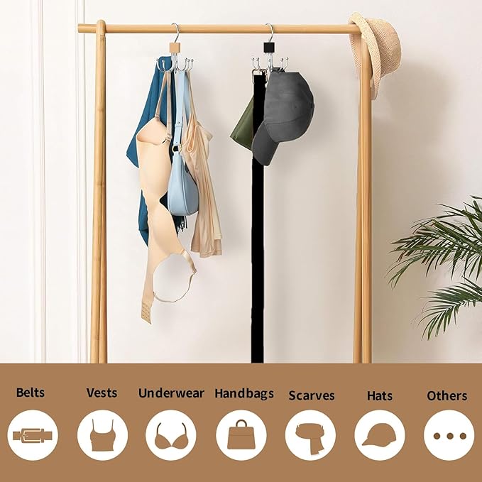 2pcs 360° Rotating 6-Claw Multi-Function Hook Closet Hanging Organizer Hangers for Clothes Hats Scarves Belts, Stainless Steel Rotary Hook Hanger for Kitchen Bathroom Office Home Storage Rack (Black)