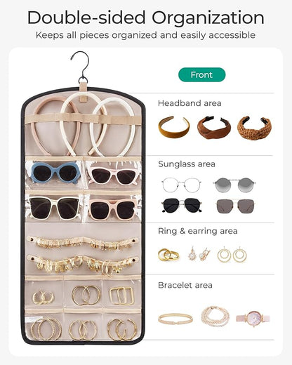 BAGSMART Hanging Jewelry Organizer Claw Clip Necklace Holder Roll for Hair Ties, Headbands, Clips, Earrings, Necklaces, Glasses Double-Sided on Closet, Wall, Door, 1 piece, Large-Black