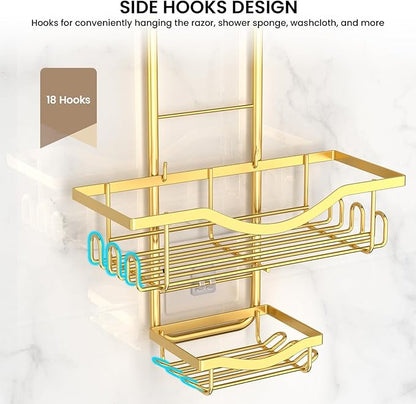 Shower Caddy Hanging Adjustable Shower Caddy, Rustproof Shower Organizer Extended Length Showers Caddy Over Shower Head with Hooks Soap Holder, Large Capacity Anti-Swing Bathroom Organizer, Gold