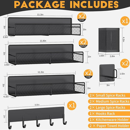 Magnetic Spice Rack for Refrigerator, 10 Pack 100% Metal Strong Magnet Shelf, Moveable Spice Organizer W/ Adjustable Paper Towel Holder, Hook Rack & Utensil Caddy, Home Kitchen Laundry Storage, Black