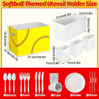 2PCS Softball Utensil Holder Paper Utensil Caddy for Softball Party Decorations Disposable Cutlery Holder with Handles for Birthday Party Supplies Girls Women Sports Party Favors Cutlery Caddy