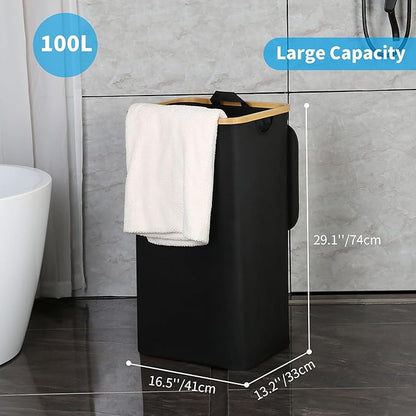 efluky 100L Laundry Basket with Lid and Net Bag, Tall Laundry Hamper with Bamboo Handles, Aesthetic Dirty Clothes Bin for Laundry Room, Bathroom, Bedroom and Dorm, Black