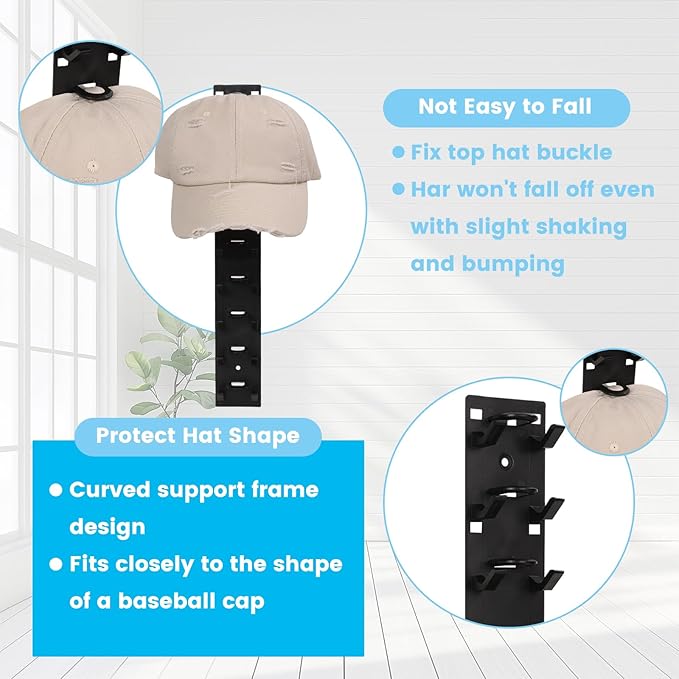 2 Pack Hat Racks for Wall, Holds up to 18 Caps, Baseball Cap Organizer Display with Strong Adhesive & Screw Mount, Space Saving Closet Door Hook for Baseball Caps Storage, Black
