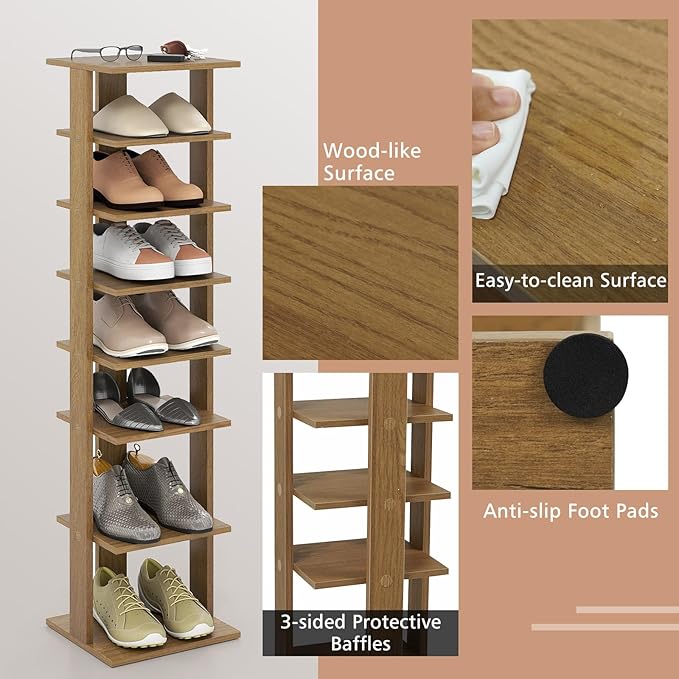 Giantex 8-Tier Vertical Shoe Rack, Patented Corner Shoe Storage Organizer for 8 Pairs, Freestanding Narrow Shoe Rack, Morden Space-Saving Shoe Tower for Entryway, Living Room, Bedroom, Natural