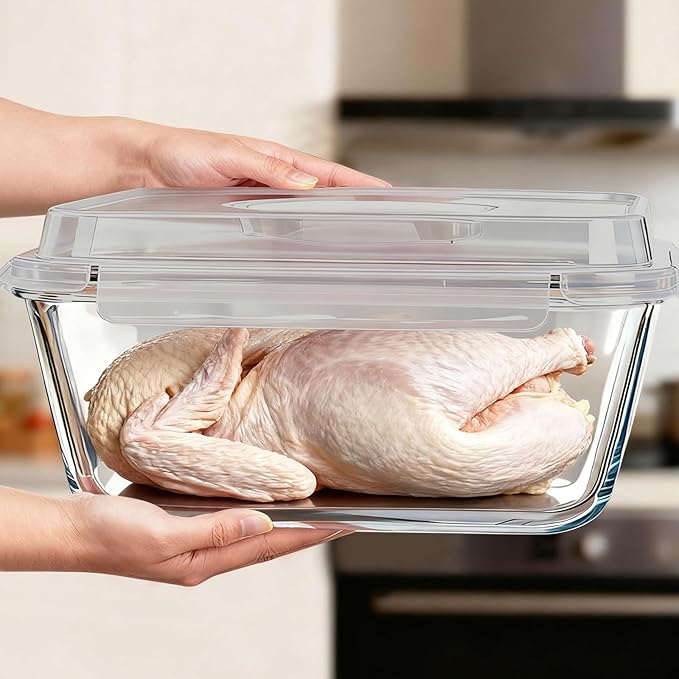 Large Glass Storage Containers with Lids 220oz/6500ml - Borosilicate Extra Large Glass Food Storage Containers for Rotisserie Chicken, Turkey - XL Big Glass Bowl Airtight Freezer to Oven Safe