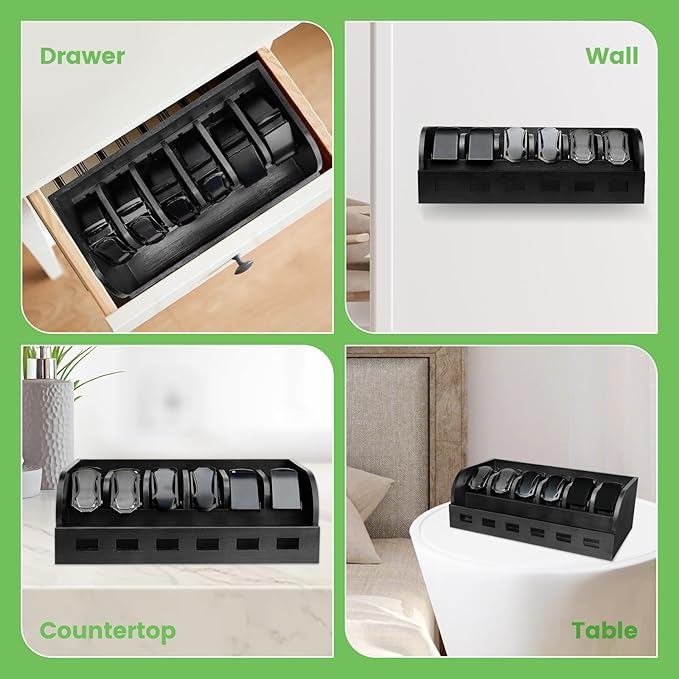 Large Adjustable Bamboo Belt Organizer Box, 6 Grids Belt Rack, Belt Organizer for Closet Shelf and Drawer, Tie and Belt Storage Organizer Wall Mount and Displayer for Men Women Father Day (Black)