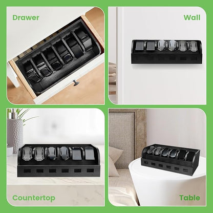 Large Adjustable Bamboo Belt Organizer Box, 6 Grids Belt Rack, Belt Organizer for Closet Shelf and Drawer, Tie and Belt Storage Organizer Wall Mount and Displayer for Men Women Father Day (Black)