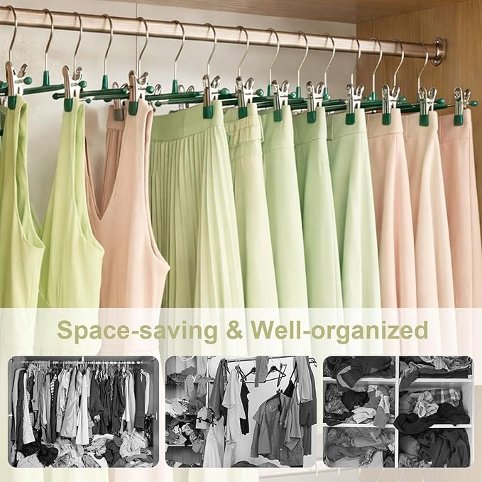POZEAN Pants Hangers with Clips for Women 30 Pack, 12Inch Adjustable Heavy Duty Skirt Hangers, Space Saving Non-Slip Shorts Jeans Trousers Clothes Hangers, Green