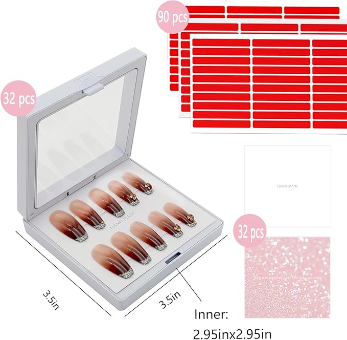 32 Pack Press On Nail Packaging Boxes - 3D Floating Storage and Display Box With 90pcs Double Sided Adhesive Tape for Nail Tech
