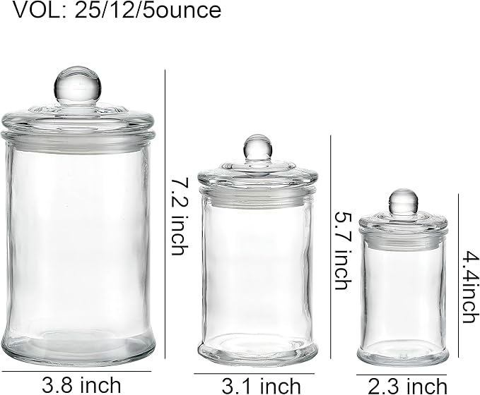 Glass Apothecary Jars with Lids – Set of 3 Clear Bathroom Storage Containers for Cotton Balls, Swabs & Accessories, Decorative Vanity Organizer