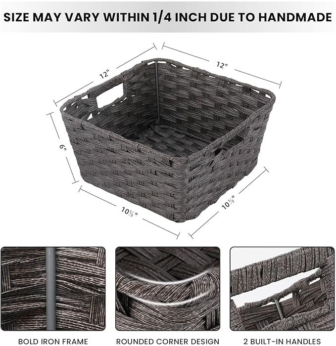 Onlytak Wicker Storage Baskets, Baskets for Shelves, Toilet Paper, Woven Storage Baskets for Organizing, Dark Grey, 12" x 12" x 6", 2-Pack