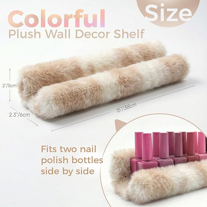 Care&More YJ 15 Inch Nail Polish Shelves, 4-Pack Fuzzy Display Nail Polish Rack for Storing Nail Bottles, Sunglasses, Essential Oils, Plush Soft (Brown)
