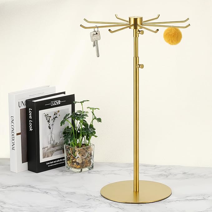 uxcell Keychain Display Stand, 1Pcs - Metal 1-layer Rotating Jewelry Display Stand with 8 Hook, Adjustable Display Rack for Necklace Craft Shows (Gold)