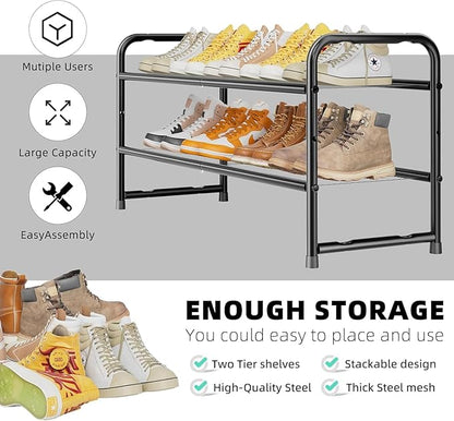 Standard Shoe Rack 2-Tier 32.5 Inches Wide, Shoe Organizer for Indoor Outdoor | Adjustable Metal Mesh Shelf Ideal for Home Entryway Closet & Garage Balcony | Black