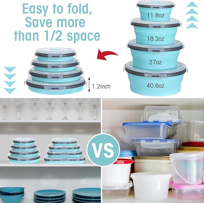 Yaomiao 16 Pack Collapsible Food Storage Containers with Lid Foldable 8 Pcs Rectangle Storage Bowl and 8 Pcs Round Silicone Food Bow for Lunch Camping Rv Accessories Microwave Freezer(Gray, Blue)
