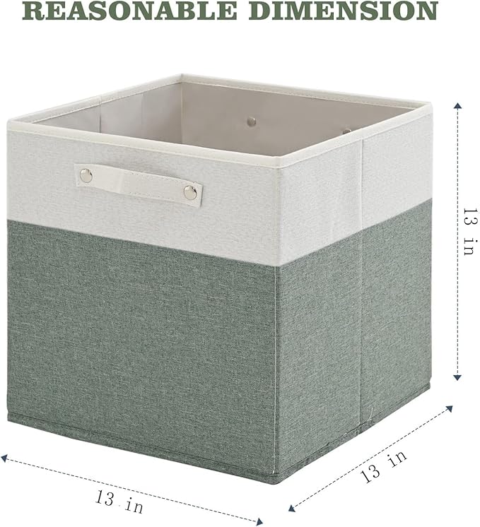 FinishingBo 13 x 13 Inch Fine Linen Storage Bins with Handles，Fabric Cube Boxs，Basket Organizers for Shelves for Home, Closet Drawers (White/Green-6 Pack)