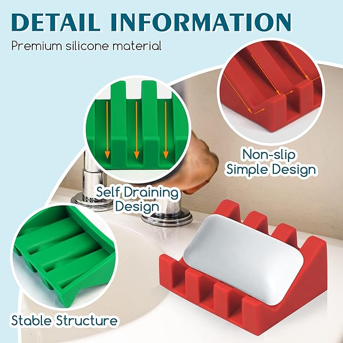 2 Pack Self Draining Silicone Soap Dish for Shower & Kitchen - Non-Slip Waterfall Bar Soap Holder Tray, Soap Saver Keeps Soap Dry, Easy to Clean & Hygienic (Red-Green)